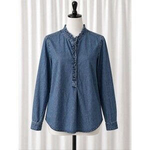 GAP Denim Ruffle Trim Popover Dark Indigo Wash Long Sleeve Vintage Style Blouse